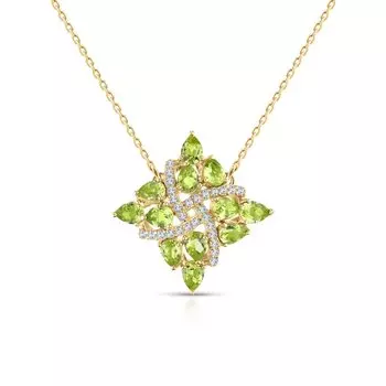 Серебряное шейное украшение с фианитами и хризолитами природными