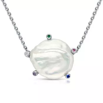 Серебряное шейное украшение с жемчугом, фианитами, корундом и со шпинелью