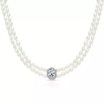 Серебряное шейное украшение с жемчугом и фианитами