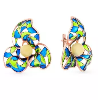 Серебряные серьги с эмалью и янтарем природным