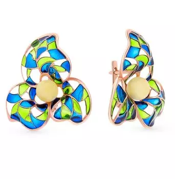 Серебряные серьги с эмалью и янтарем природным