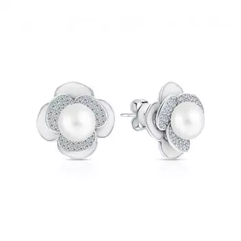 Серебряные серьги с эмалью, жемчугом и фианитами