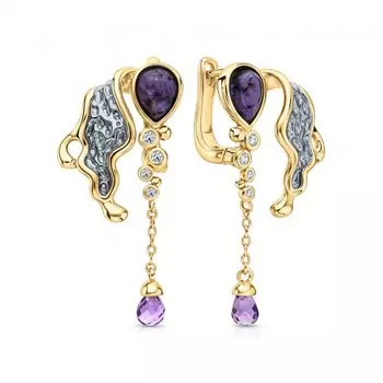 Серебряные серьги с аметистами, чароитами и фианитами