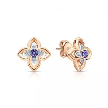 Серебряные серьги с бриллиантами природными и танзанитами природными