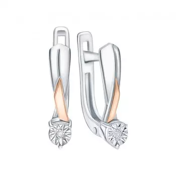Серебряные серьги с бриллиантами природными и золотой вставкой