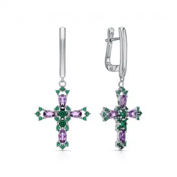 Серебряные серьги с фианитами и аметистами природными