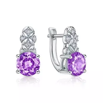 Серебряные серьги с фианитами и аметистами природными