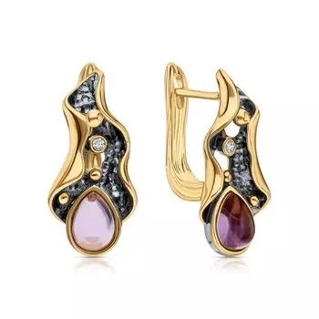 Серебряные серьги с фианитами и аметистами природными