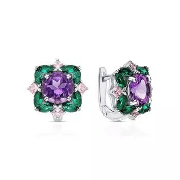 Серебряные серьги с фианитами и аметистами природными