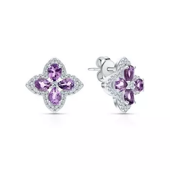 Серебряные серьги с фианитами и аметистами природными