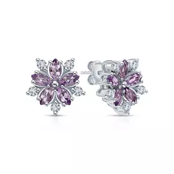 Серебряные серьги с фианитами и аметистами природными