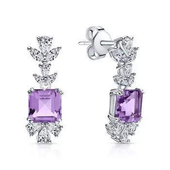Серебряные серьги с фианитами и аметистами природными