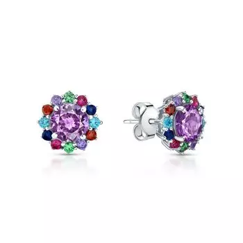 Серебряные серьги с фианитами и аметистами природными