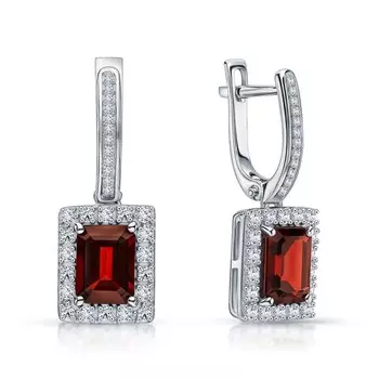 Серебряные серьги с фианитами и гранатами природными