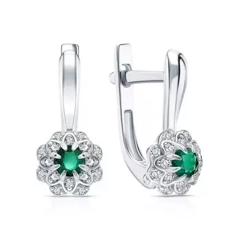 Серебряные серьги с фианитами и изумрудами природными