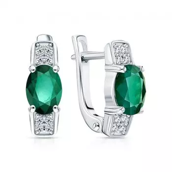 Серебряные серьги с фианитами и изумрудами природными