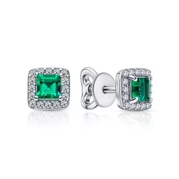 Серебряные серьги с фианитами и изумрудами гидротермальными