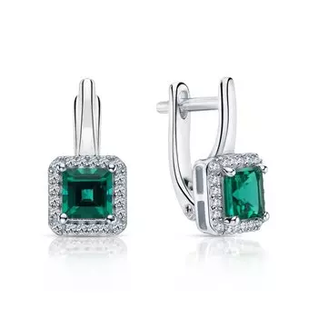 Серебряные серьги с фианитами и изумрудами гидротермальными