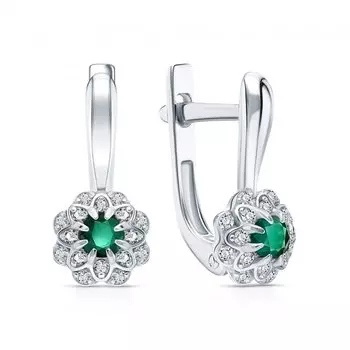 Серебряные серьги с фианитами и изумрудами природными