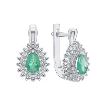 Серебряные серьги с фианитами и изумрудами природными