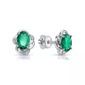 Серебряные серьги с фианитами и изумрудами природными