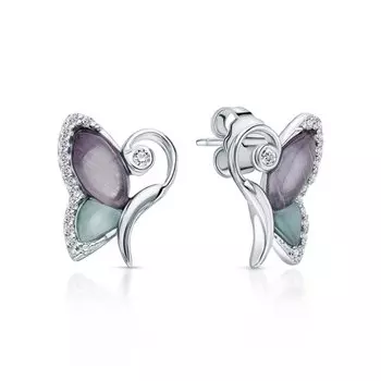 Серебряные серьги с фианитами и кошачьими глазами синтетическими