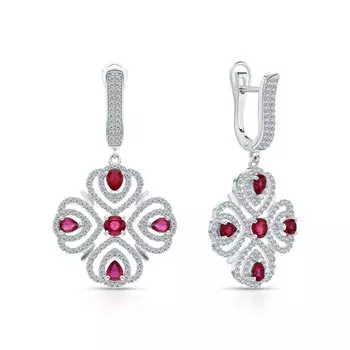 Серебряные серьги с фианитами и рубинами природными