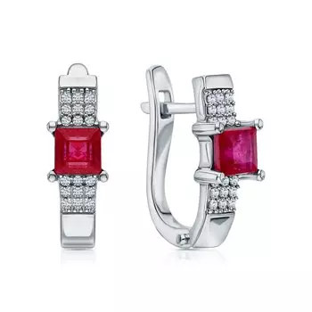 Серебряные серьги с фианитами и рубинами природными
