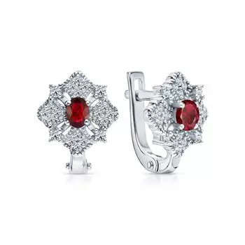 Серебряные серьги с фианитами и рубинами природными