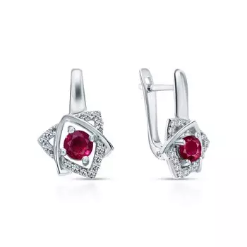Серебряные серьги с фианитами и рубинами природными
