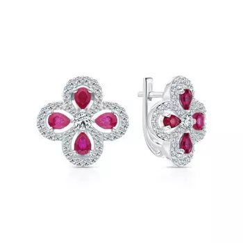 Серебряные серьги с фианитами и рубинами природными