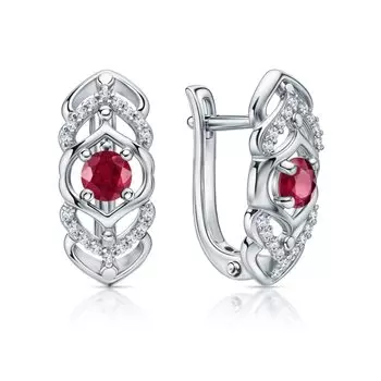 Серебряные серьги с фианитами и рубинами природными