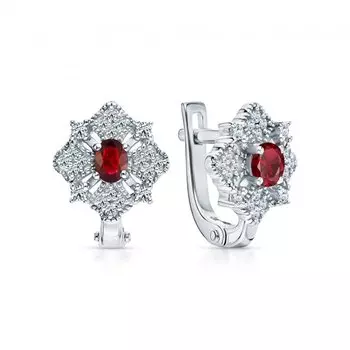 Серебряные серьги с фианитами и рубинами природными