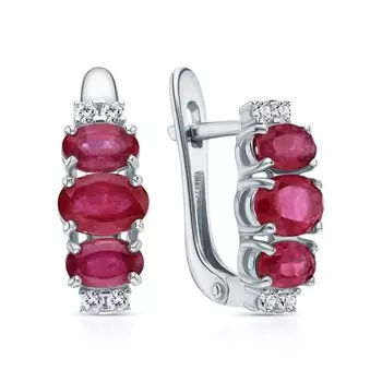 Серебряные серьги с фианитами и рубинами природными