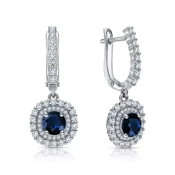 Серебряные серьги с фианитами и сапфирами природными