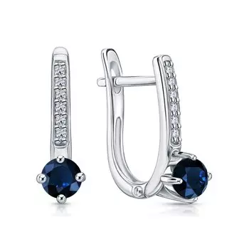 Серебряные серьги с фианитами и сапфирами природными