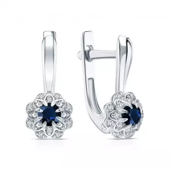 Серебряные серьги с фианитами и сапфирами природными