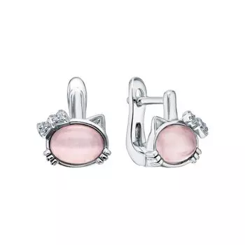 Серебряные серьги с фианитами и синтетическим кошачьим глазом