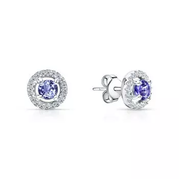 Серебряные серьги с фианитами и танзанитами природными