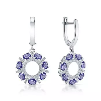 Серебряные серьги с фианитами и танзанитами природными