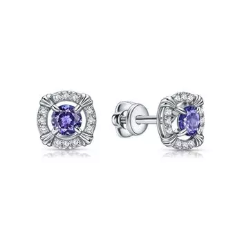 Серебряные серьги с фианитами и танзанитами природными