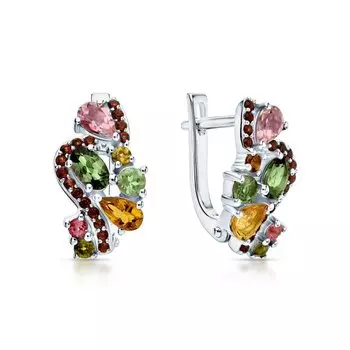 Серебряные серьги с фианитами и турмалинами природными