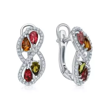 Серебряные серьги с фианитами и турмалинами природными