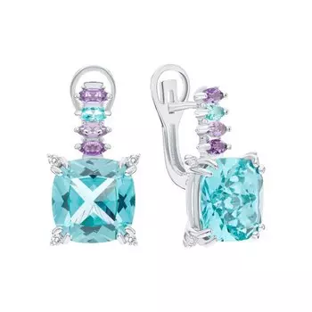 Серебряные серьги с фианитами, корундом синтетическим, аметистами природными, параибой синтетической и ситаллом