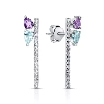 Серебряные серьги с фианитами, топазами природными и аметистами природными