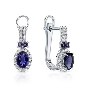 Серебряные серьги с иолитами природными и фианитами