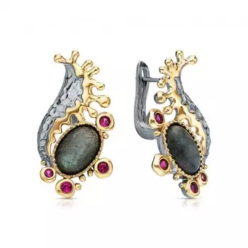 Серебряные серьги с корундами синтетическими и лабрадоритами природными