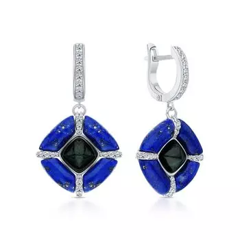 Серебряные серьги с лазуритом, фианитами и малахитом