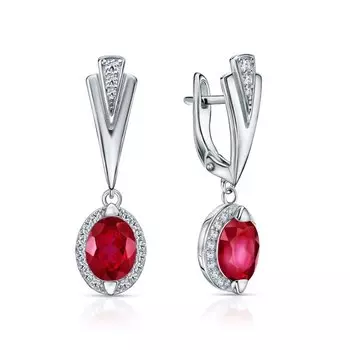 Серебряные серьги с выращенными рубинами и фианитами