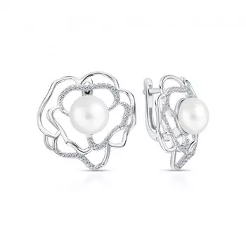 Серебряные серьги с жемчугом и фианитами